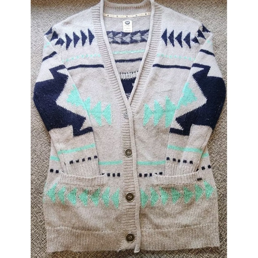 Roxy Sz XS Blue Gray Aztec Tribal Print Thick Button‎ Up Cardigan Sweater EUC